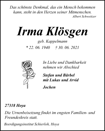 Traueranzeige von Irma Klösgen von SYK