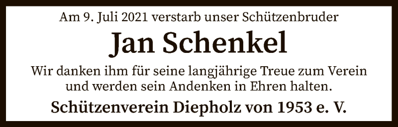  Traueranzeige für Jan Schenkel vom 13.07.2021 aus SYK