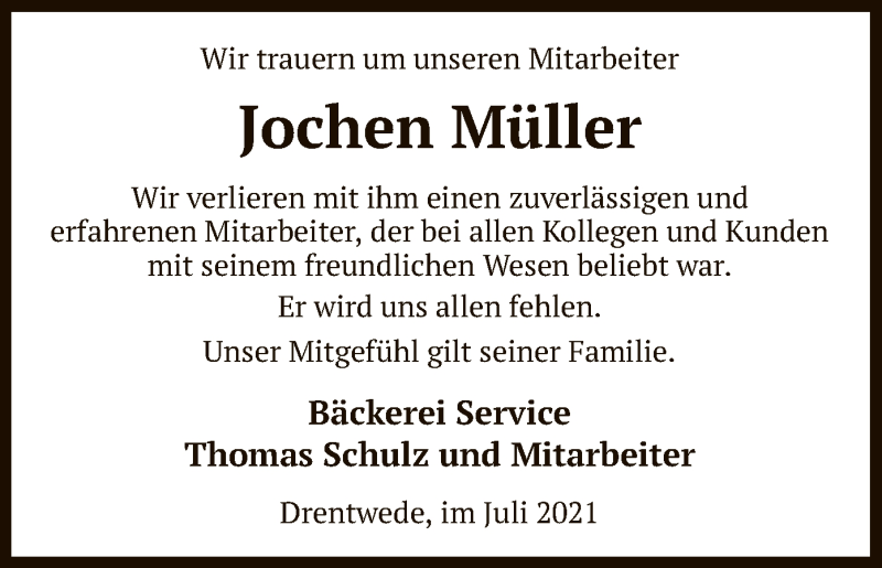  Traueranzeige für Jochen Müller vom 16.07.2021 aus SYK