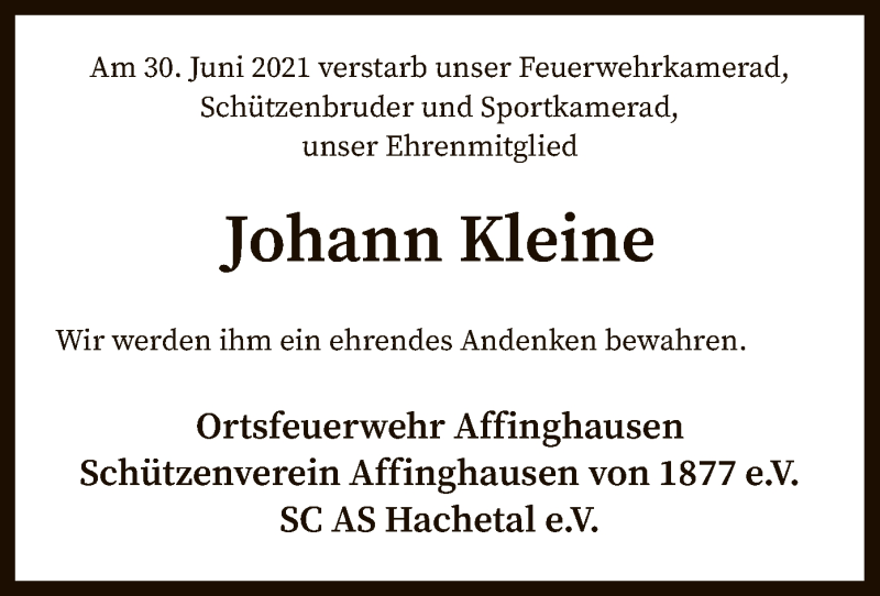  Traueranzeige für Johann Kleine vom 06.07.2021 aus SYK