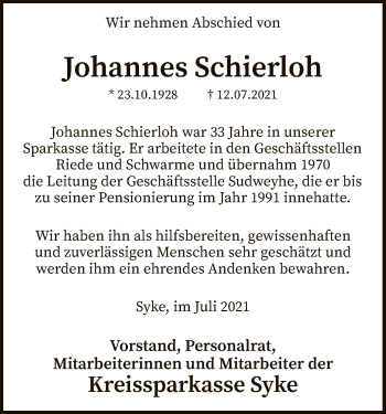 Traueranzeige von Johannes Schierloh von SYK