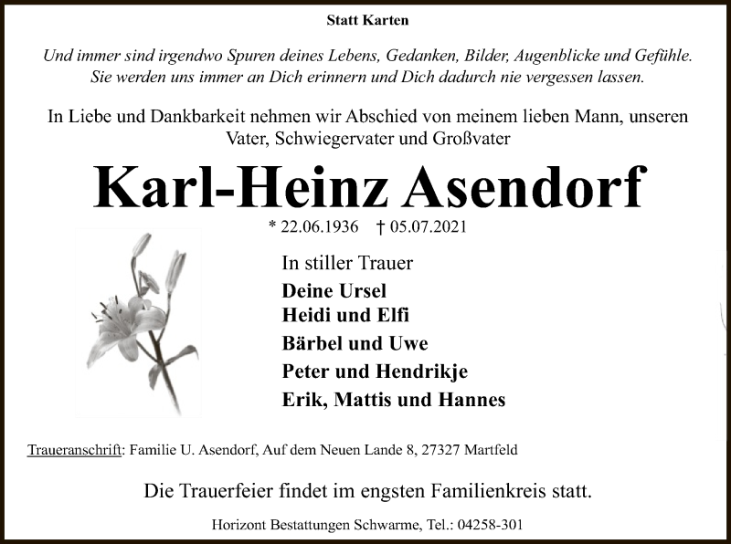  Traueranzeige für Karl-Heinz Asendorf vom 08.07.2021 aus SYK
