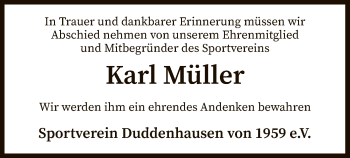 Traueranzeige von Karl Müller von SYK