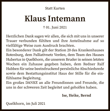 Traueranzeige von Klaus Intemann von SYK