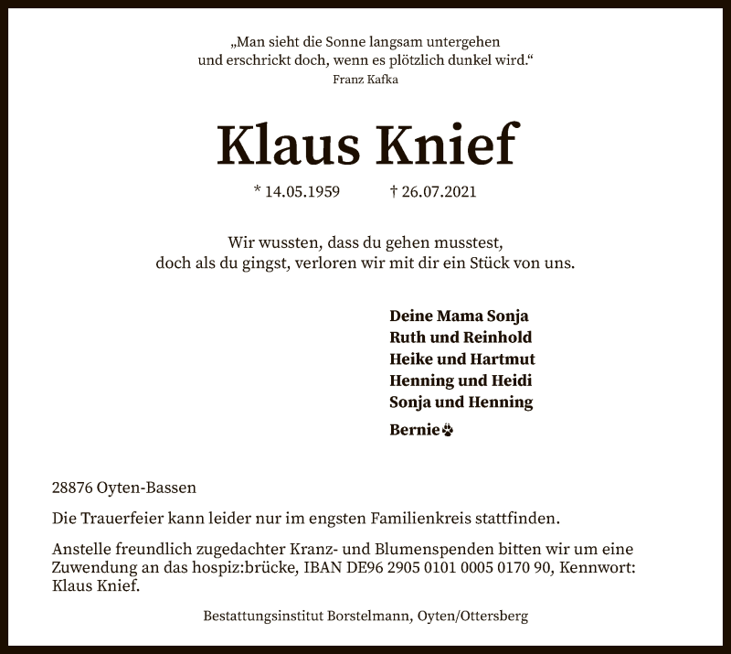  Traueranzeige für Klaus Knief vom 31.07.2021 aus SYK