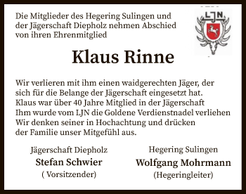 Traueranzeige von Klaus Rinne von SYK