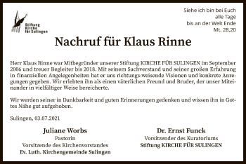 Traueranzeige von Klaus Rinne von SYK