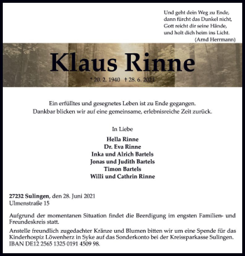 Traueranzeige von Klaus Rinne von SYK