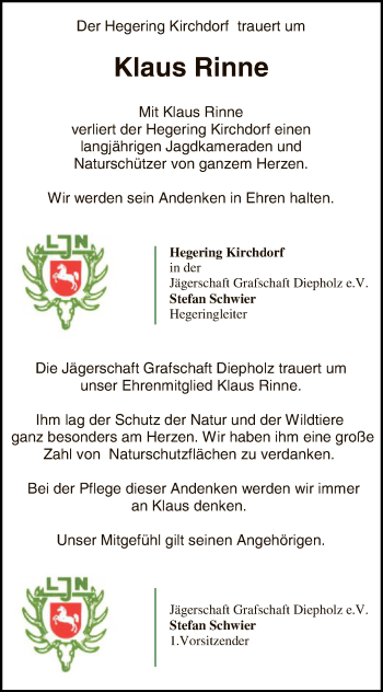 Traueranzeige von Klaus Rinne von SYK