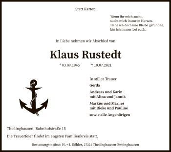 Traueranzeige von Klaus Rustedt von SYK