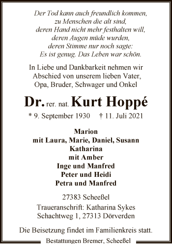 Traueranzeige von Kurt Hoppé von SYK