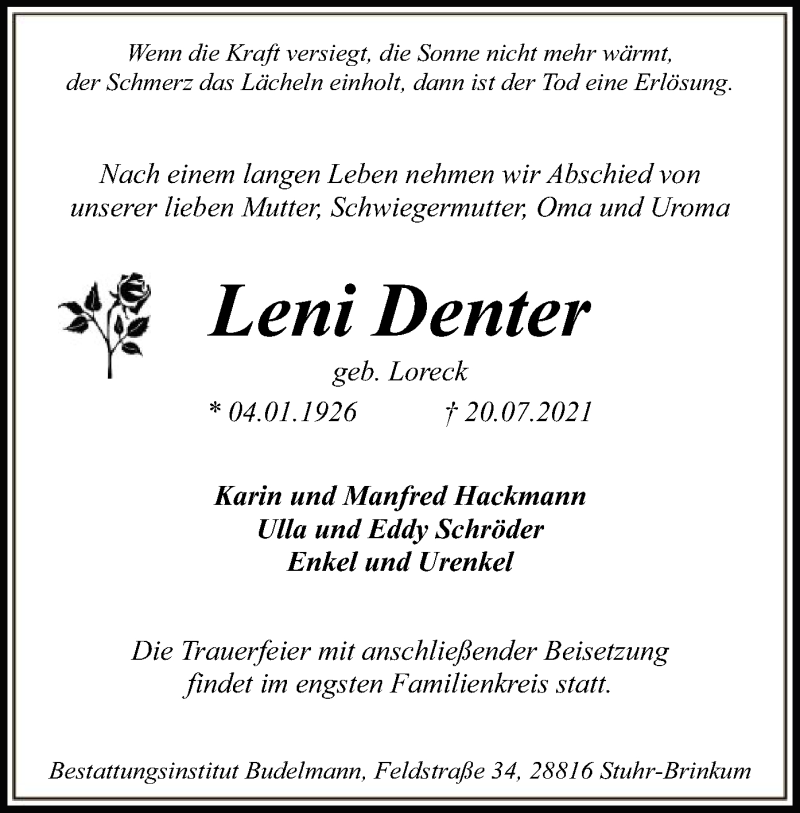  Traueranzeige für Leni Denter vom 24.07.2021 aus SYK