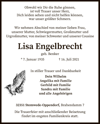 Traueranzeige von Lisa Engelbrecht von SYK