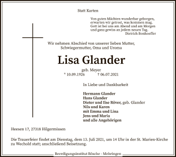 Traueranzeige von Lisa Glander von SYK