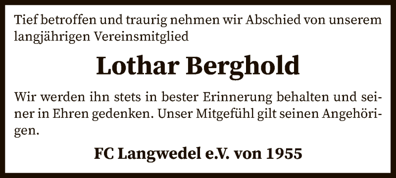  Traueranzeige für Lothar Berghold vom 14.07.2021 aus SYK