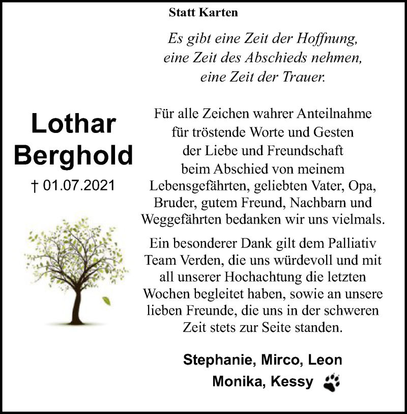  Traueranzeige für Lothar Berghold vom 31.07.2021 aus SYK