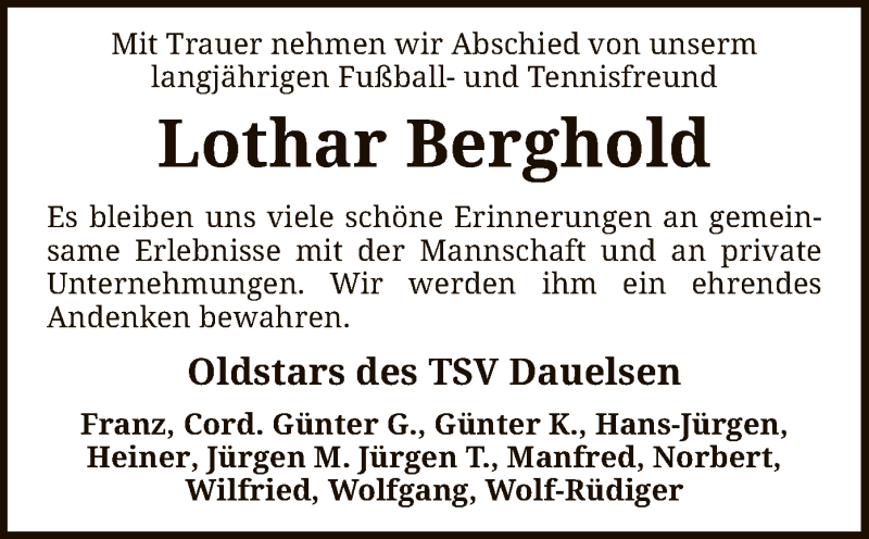  Traueranzeige für Lothar Berghold vom 17.07.2021 aus SYK