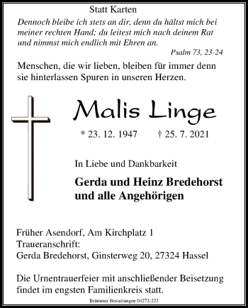 Traueranzeige von Malis Linse von SYK