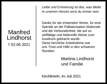 Traueranzeige von Manfred Lindhorst von SYK