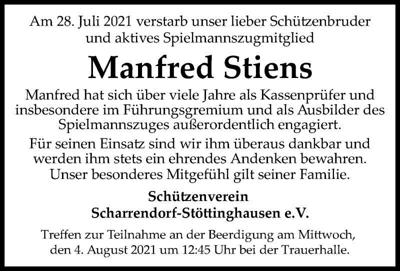  Traueranzeige für Manfred Stiens vom 31.07.2021 aus SYK