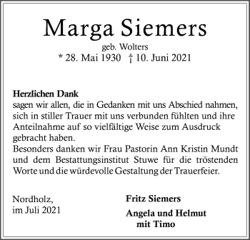 Traueranzeige von Marga Siemers von SYK