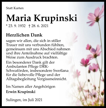 Traueranzeige von Maria Krupinski von SYK