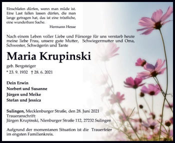 Traueranzeige von Maria Krupinski von SYK