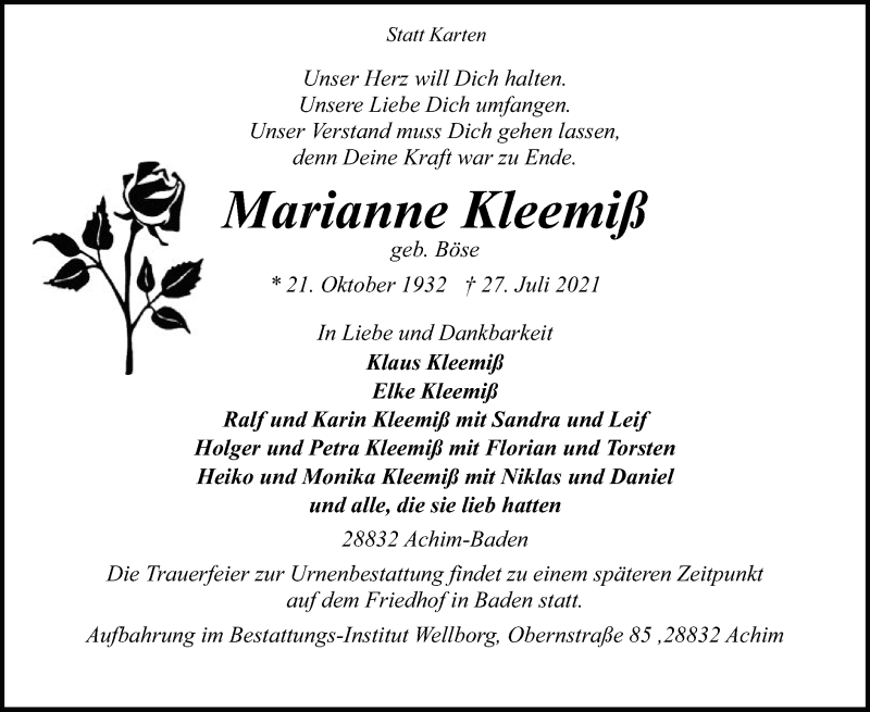  Traueranzeige für Marianne Kleemiß vom 30.07.2021 aus SYK