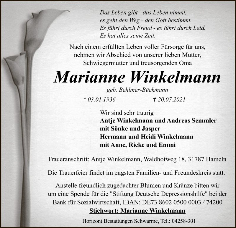 Traueranzeige für Marianne Winkelmann vom 24.07.2021 aus SYK