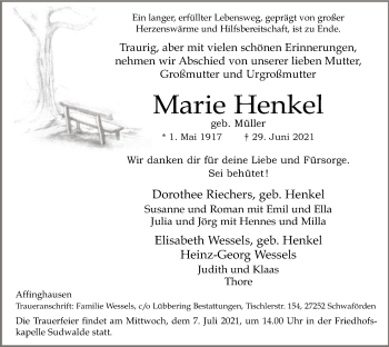 Traueranzeige von Marie Henkel von SYK