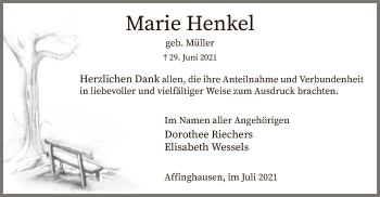 Traueranzeige von Marie Henkel von SYK