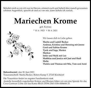 Traueranzeige von Mariechen Krome von SYK