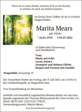 Traueranzeige von Marita Mears von SYK