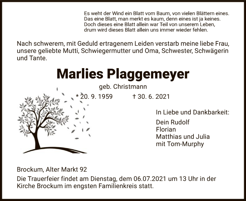  Traueranzeige für Marlies Plaggemeyer vom 03.07.2021 aus SYK