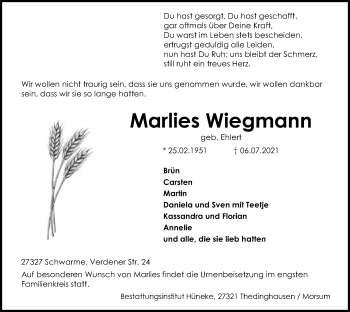 Traueranzeige von Marlies Wiegmann von SYK