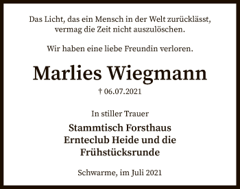 Traueranzeige von Marlies Wiegmann von SYK