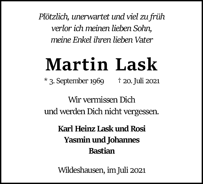  Traueranzeige für Martin Lask vom 24.07.2021 aus SYK