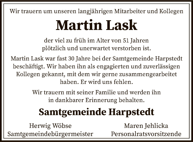  Traueranzeige für Martin Lask vom 31.07.2021 aus SYK