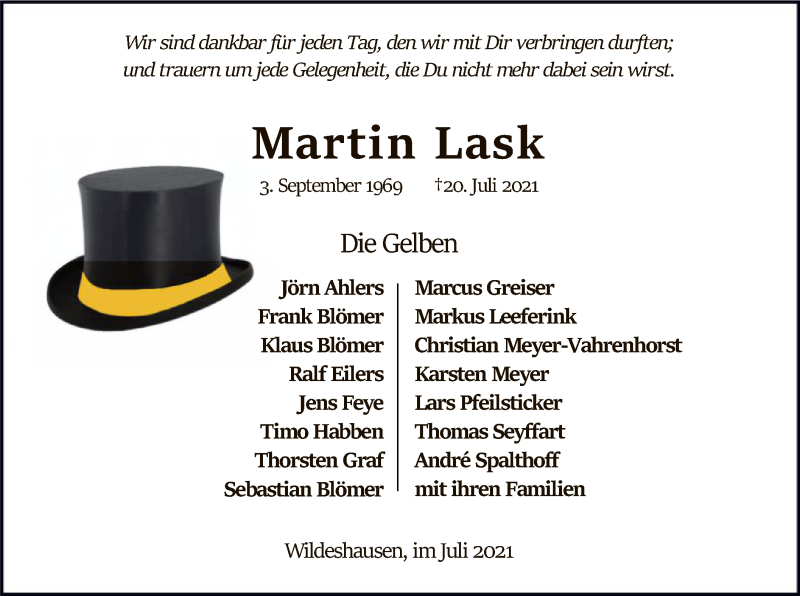  Traueranzeige für Martin Lask vom 24.07.2021 aus SYK