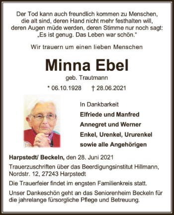 Traueranzeige von Minna Ebel von SYK