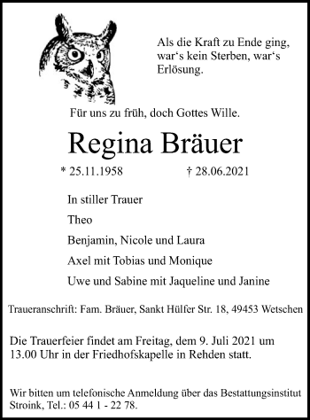 Traueranzeige von Regina Bräuer von SYK