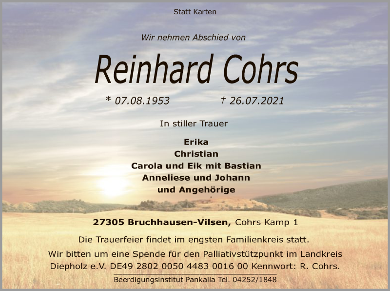 Traueranzeige für Reinhard Cohrs vom 28.07.2021 aus SYK