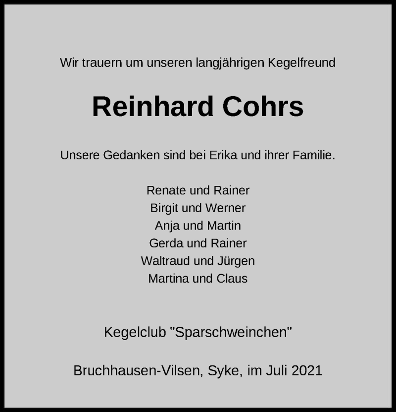  Traueranzeige für Reinhard Cohrs vom 30.07.2021 aus SYK