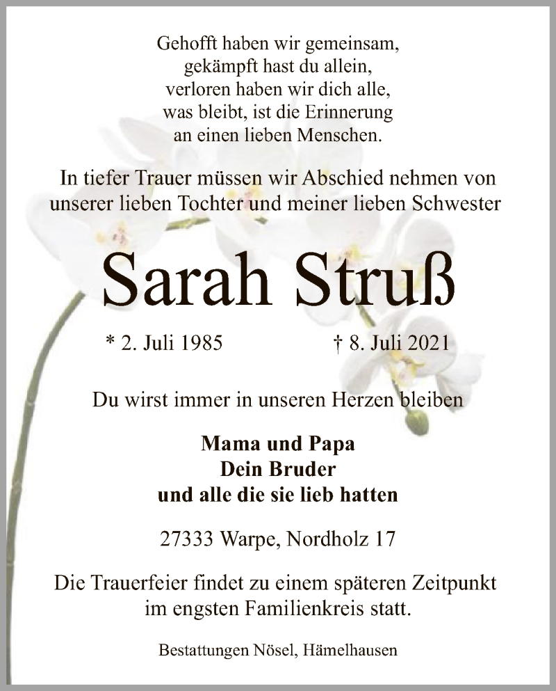  Traueranzeige für Sarah Struß vom 17.07.2021 aus SYK