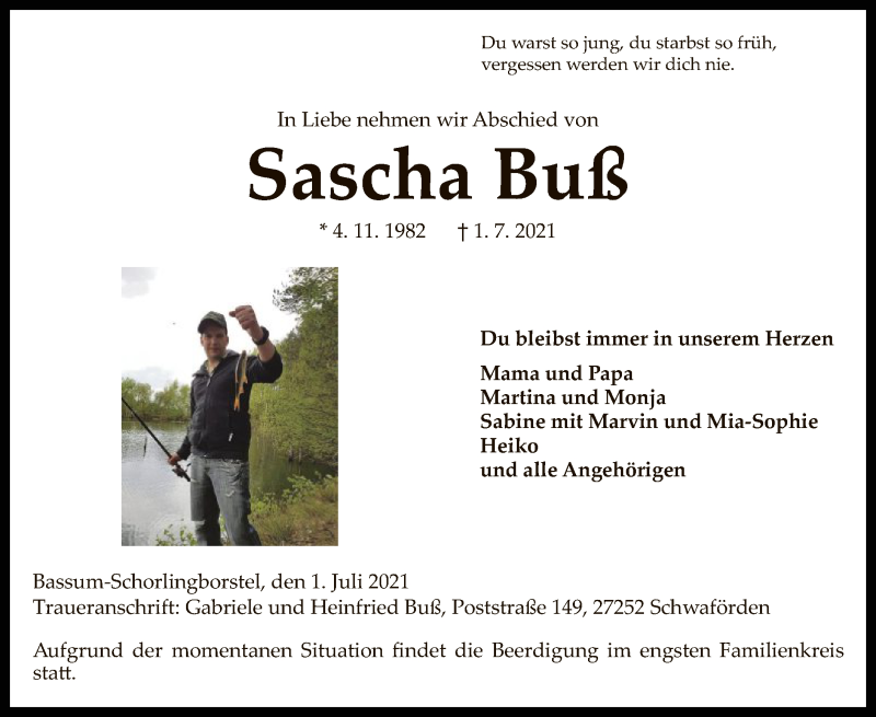  Traueranzeige für Sascha Buß vom 06.07.2021 aus SYK