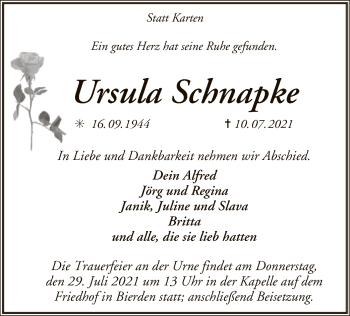 Traueranzeige von Ursula Schnapke von SYK