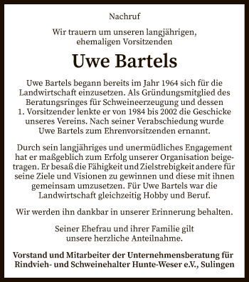 Traueranzeige von Uwe Bartels von SYK