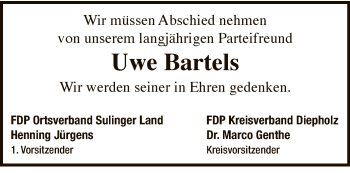 Traueranzeige von Uwe Bartels von SYK