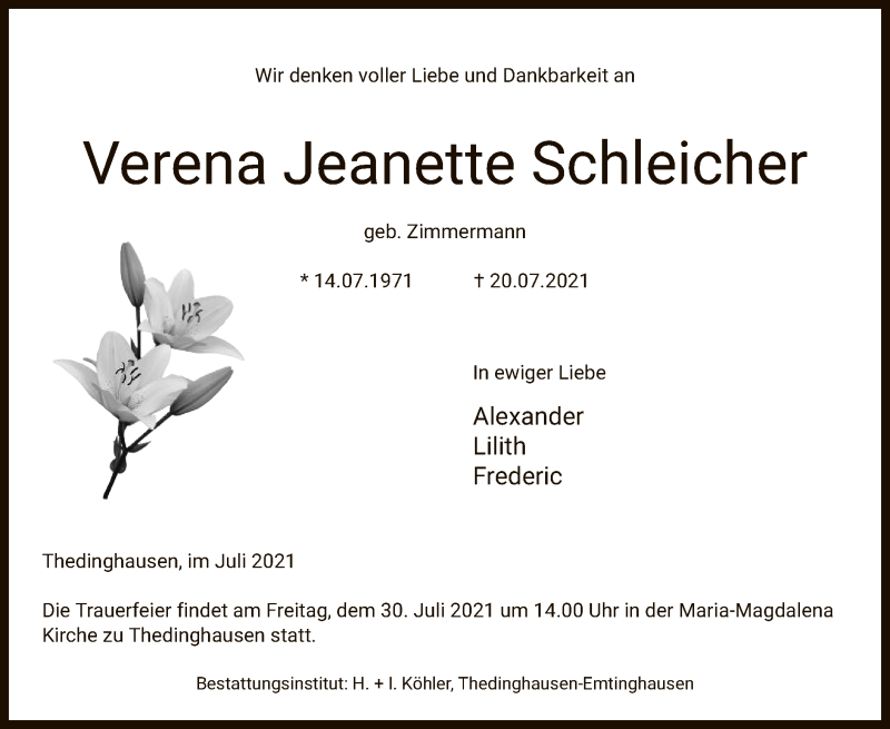  Traueranzeige für Verena Jeanette Schleicher vom 27.07.2021 aus SYK