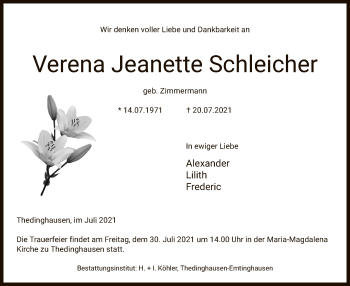 Traueranzeige von Verena Jeanette Schleicher von SYK